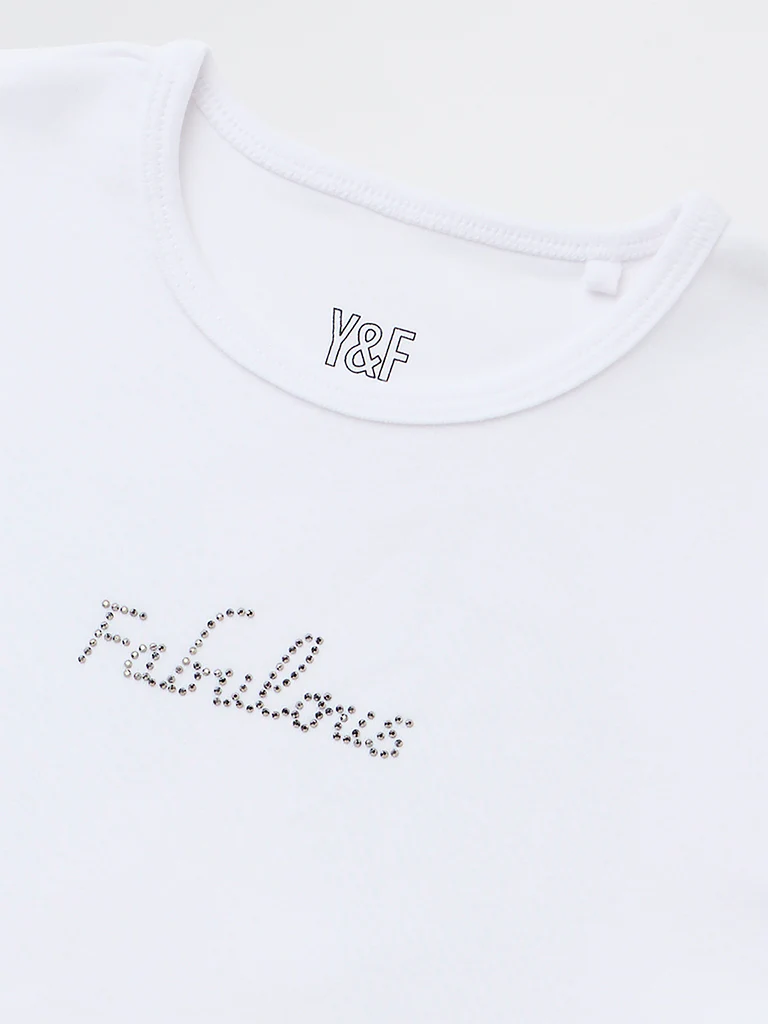 Y&F Kids Girls White Embellished Cotton-Blend T-Shirt - Image 3