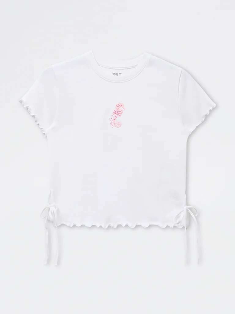 Y&F Kids Girls White Embroidered Cotton-Blend T-Shirt