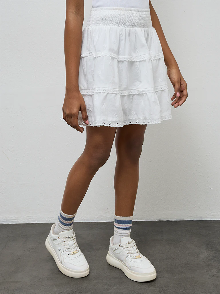 Y&F Kids Girls White Embroidered Cotton Tiered Skirt - Image 2