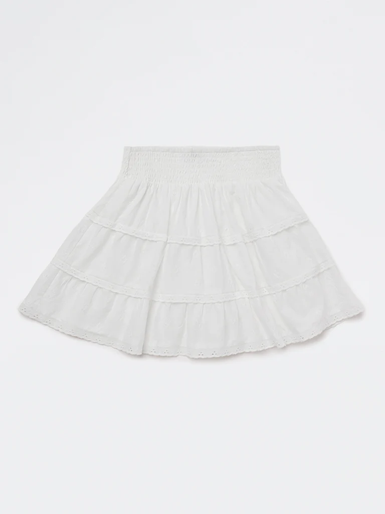 Y&F Kids Girls White Embroidered Cotton Tiered Skirt - Image 4