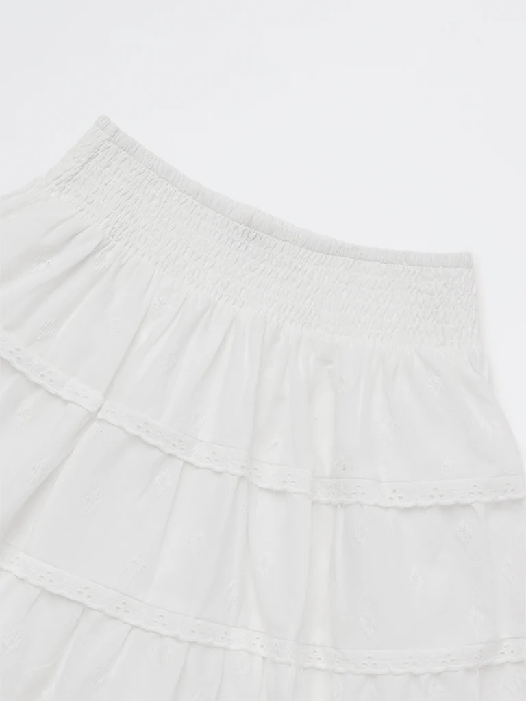 Y&F Kids Girls White Embroidered Cotton Tiered Skirt - Image 5