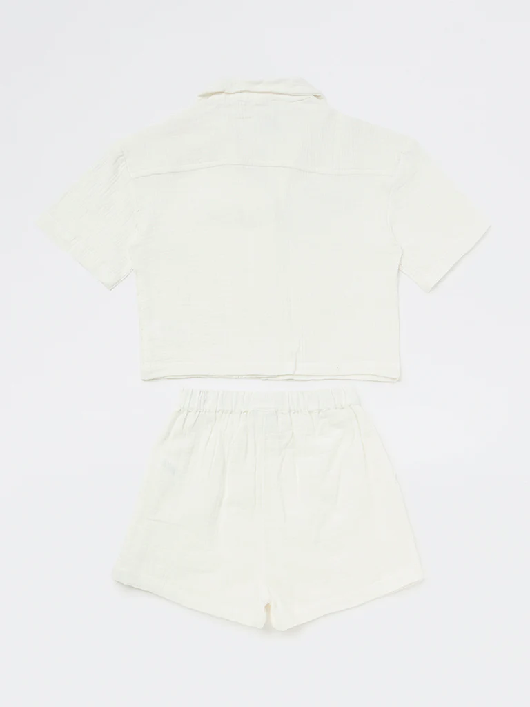 Y&F Kids Girls White Floral-Detail Cotton Shirt and Shorts Set - Image 4