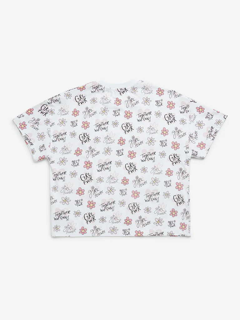 Y&F Kids Girls White Floral Printed Cotton T-Shirt - Image 3