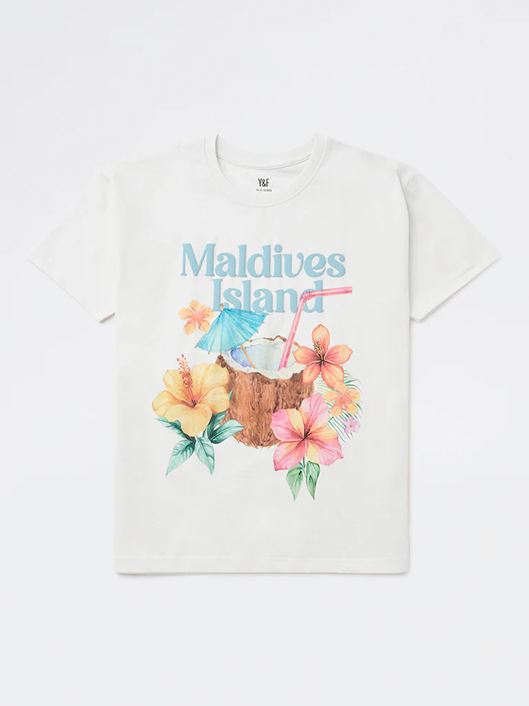 Y&F Kids Girls White Graphic Printed Cotton T-Shirt