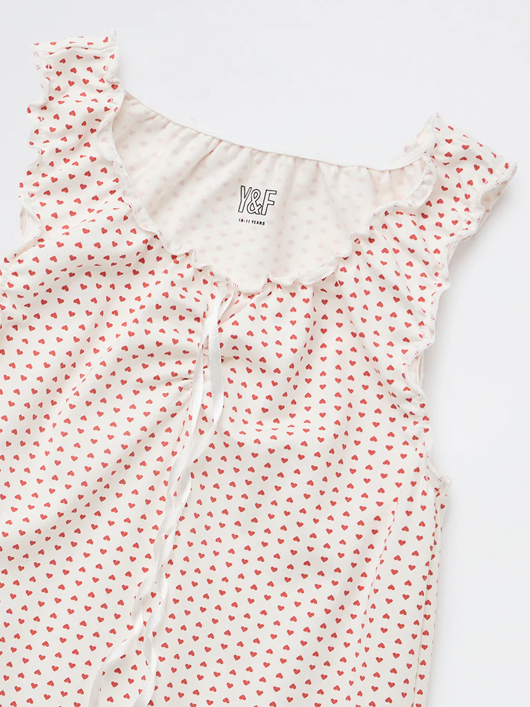 Y&F Kids Girls White Heart Printed Cotton-Blend Top - Image 3