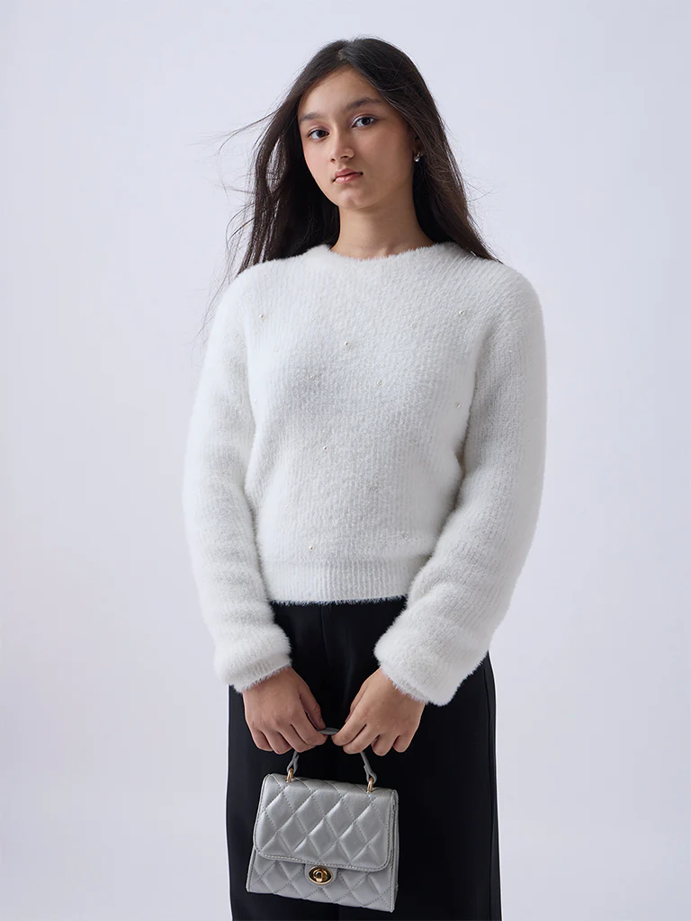 Y&F Kids Girls White Pearl-Detailed Knitted Sweater