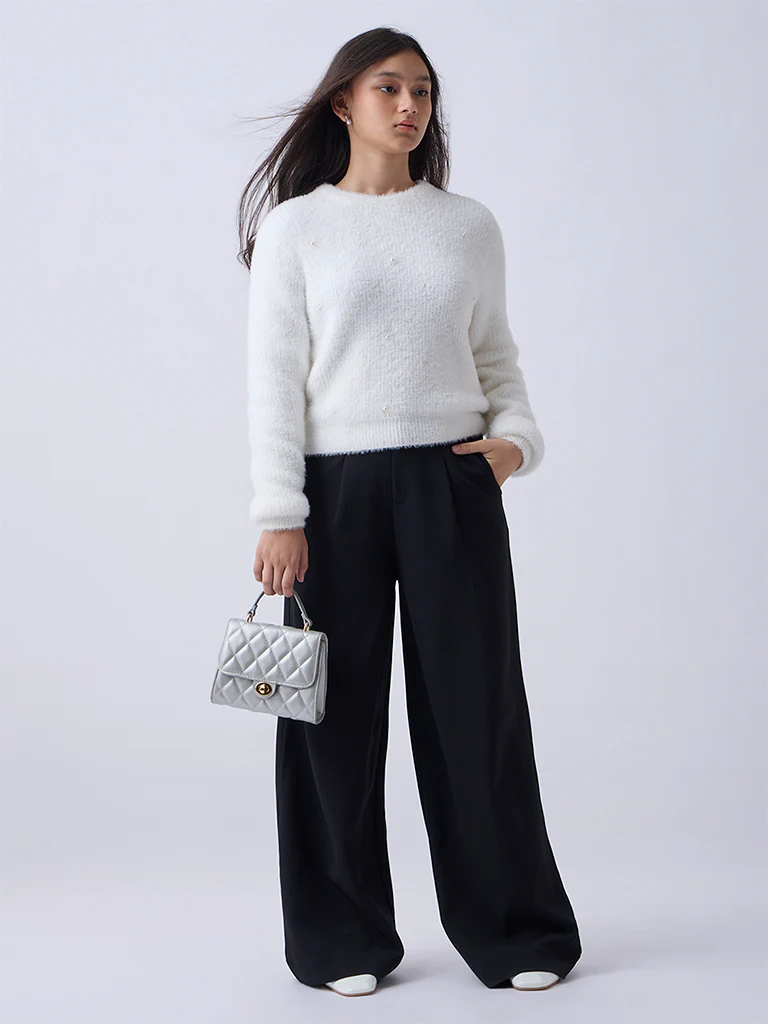 Y&F Kids Girls White Pearl-Detailed Knitted Sweater - Image 3