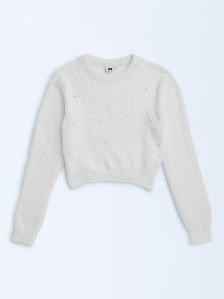 Y&F Kids Girls White Pearl-Detailed Knitted Sweater - Image 4