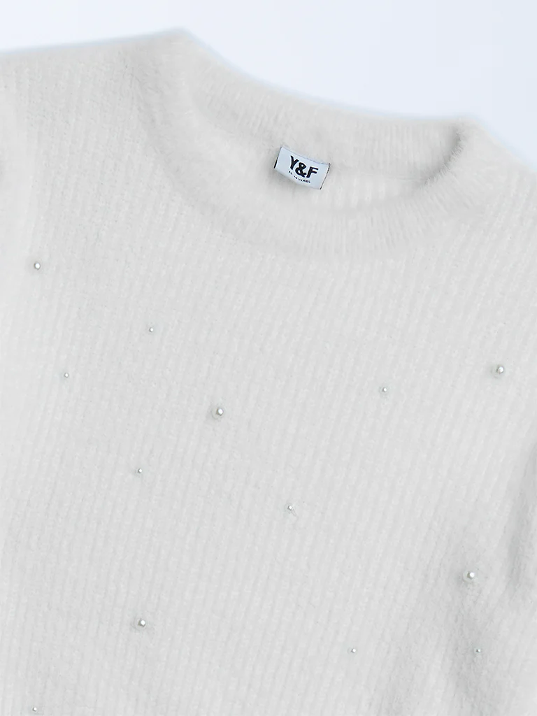 Y&F Kids Girls White Pearl-Detailed Knitted Sweater - Image 6