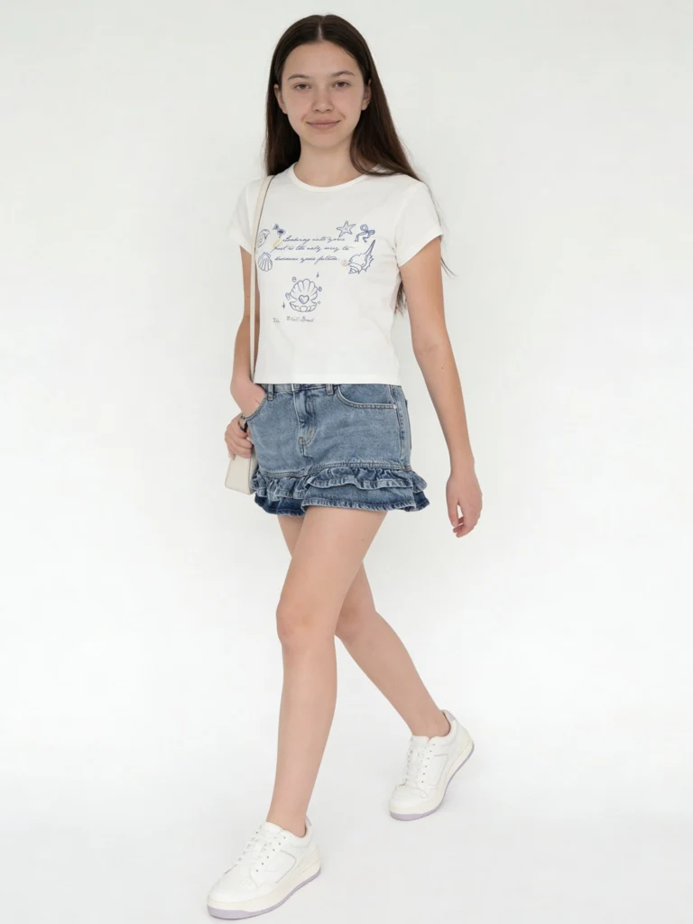 Y&F Kids Girls White Printed Cotton-Blend T-Shirt