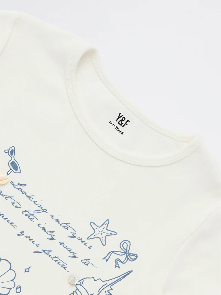 Y&F Kids Girls White Printed Cotton-Blend T-Shirt - Image 6