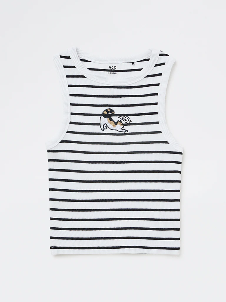 Y&F Kids Girls White Striped Cotton-Blend Top - Image 4