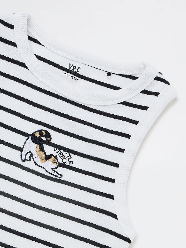Y&F Kids Girls White Striped Cotton-Blend Top - Image 6