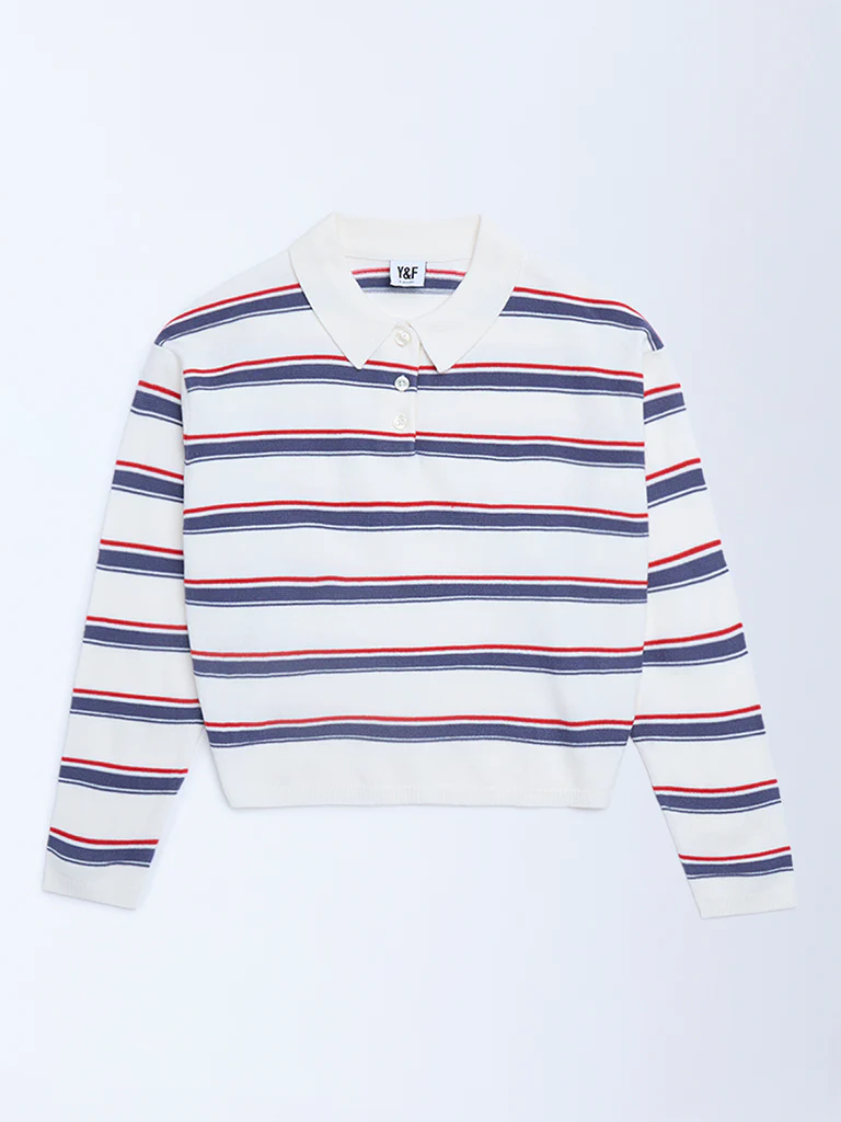 Y&F Kids Girls White Striped Sweater