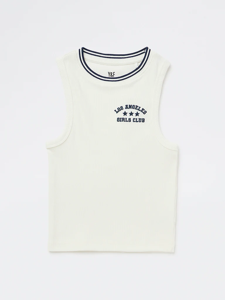 Y&F Kids Girls White Text Embroidered Cotton-Blend Top - Image 3