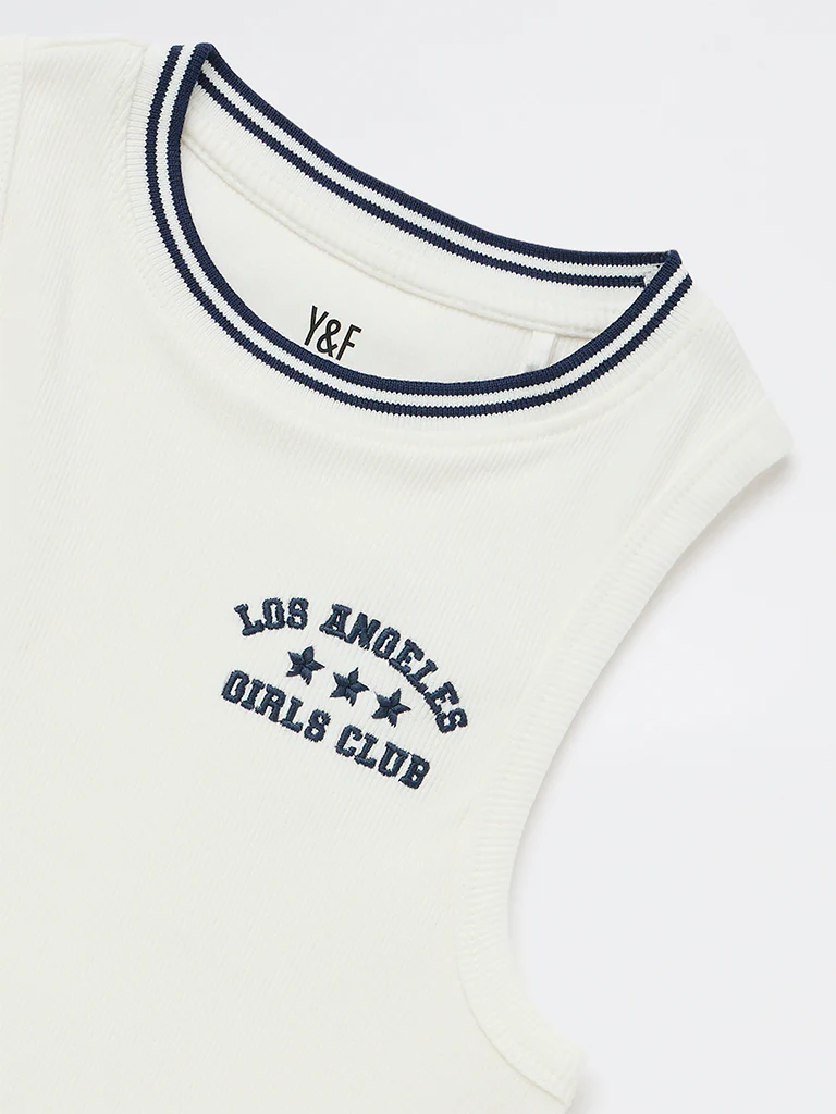 Y&F Kids Girls White Text Embroidered Cotton-Blend Top - Image 5