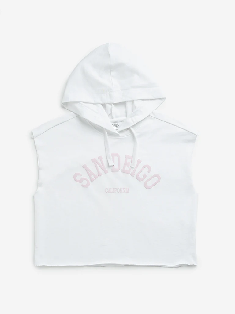 Y&F Kids Girls White Text Print Hooded Cotton T-Shirt