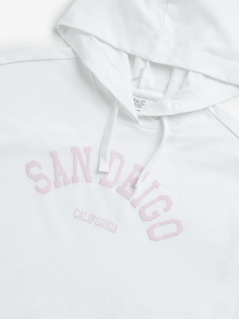 Y&F Kids Girls White Text Print Hooded Cotton T-Shirt - Image 4