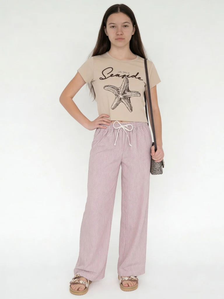 Y&F Kids Girls Wine Striped High-Rise Pants