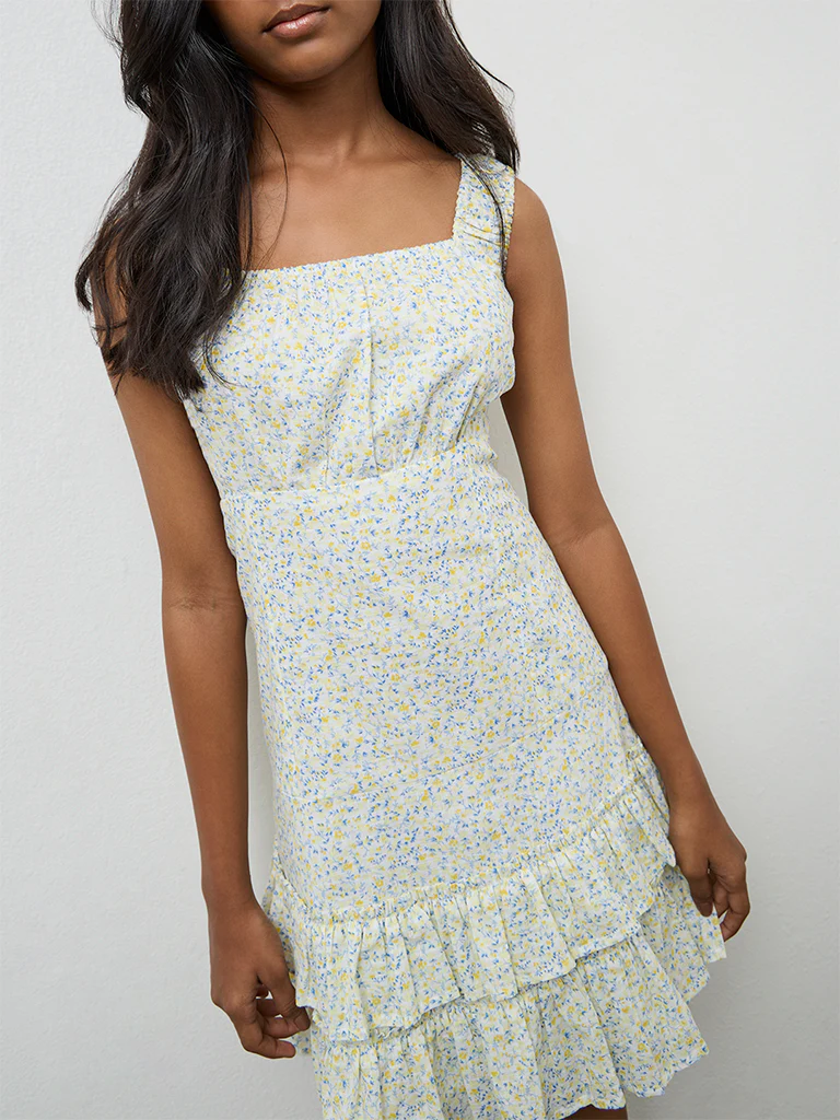Y&F Kids Girls Yellow Floral Cotton Printed Tiered Dress - Image 2