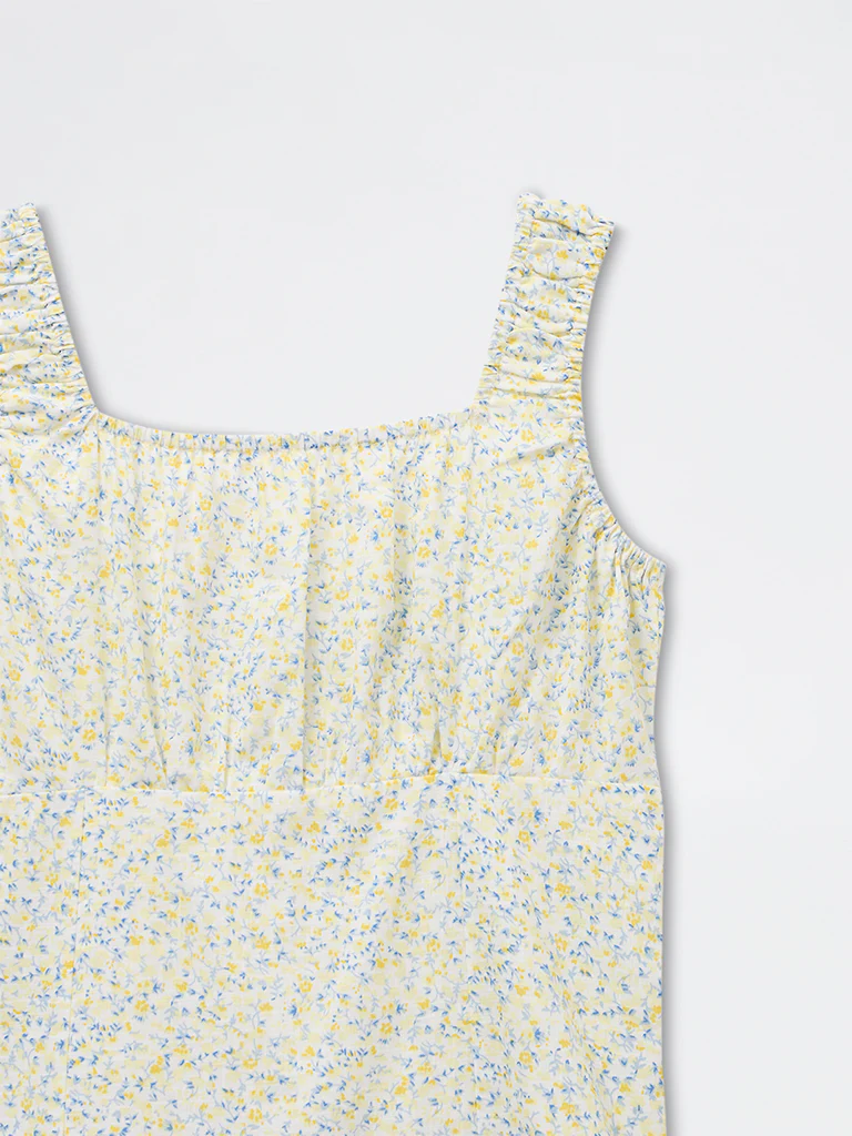 Y&F Kids Girls Yellow Floral Cotton Printed Tiered Dress - Image 3