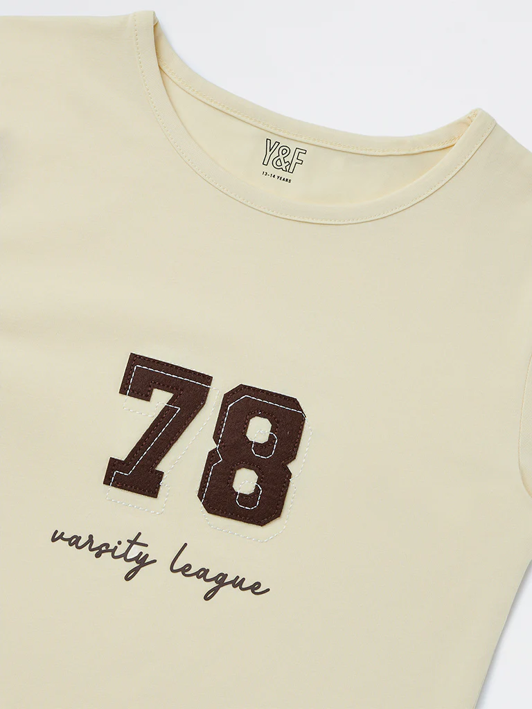 Y&F Kids Girls Yellow Numerical Printed Cotton-Blend T-Shirt - Image 4