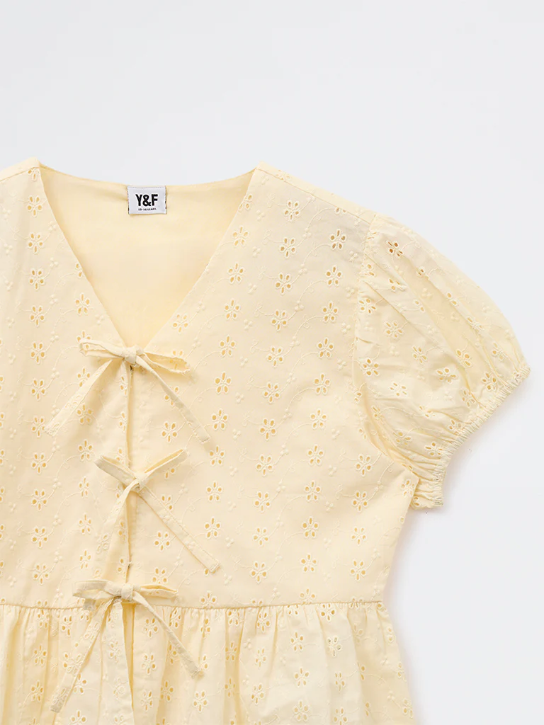 Y&F Kids Girls Yellow Schiffli Embroidered Cotton Top - Image 3