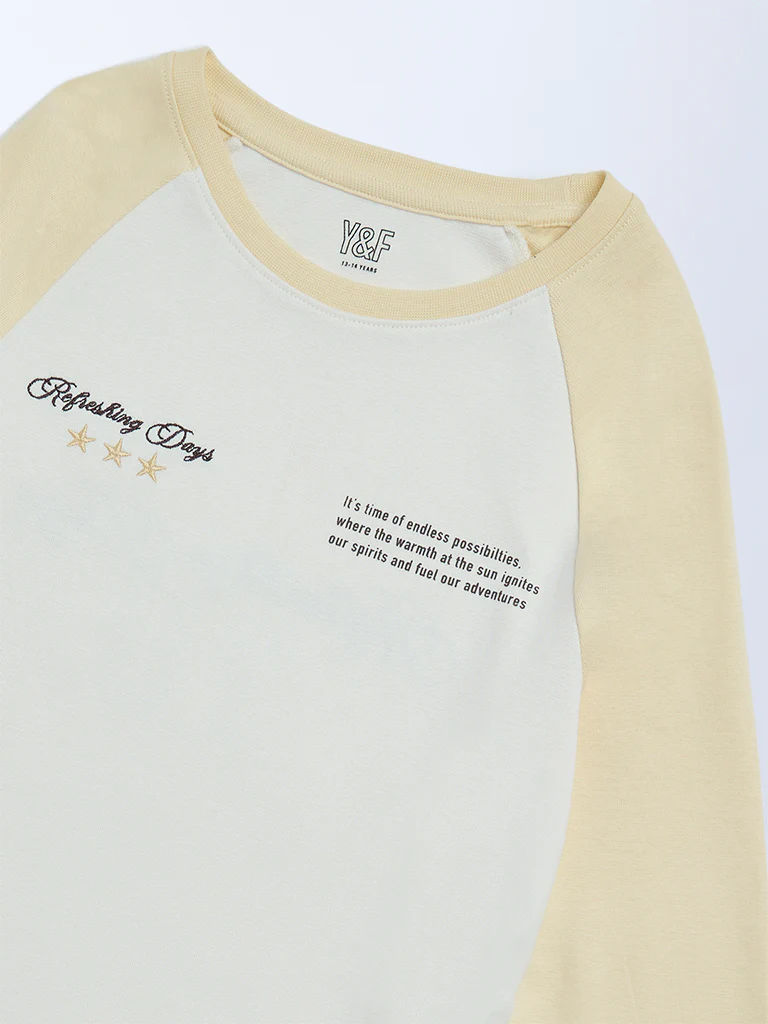 Y&F Kids Girls Yellow Typographic Cotton-Blend Top - Image 3