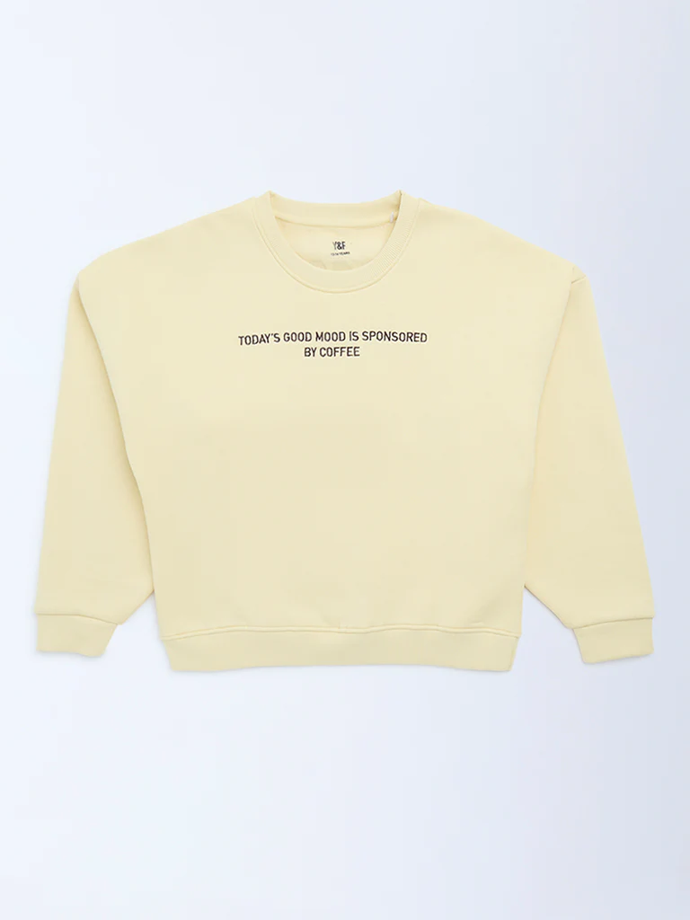 Y&F Kids Girls Yellow Typographic Cotton Sweatshirt