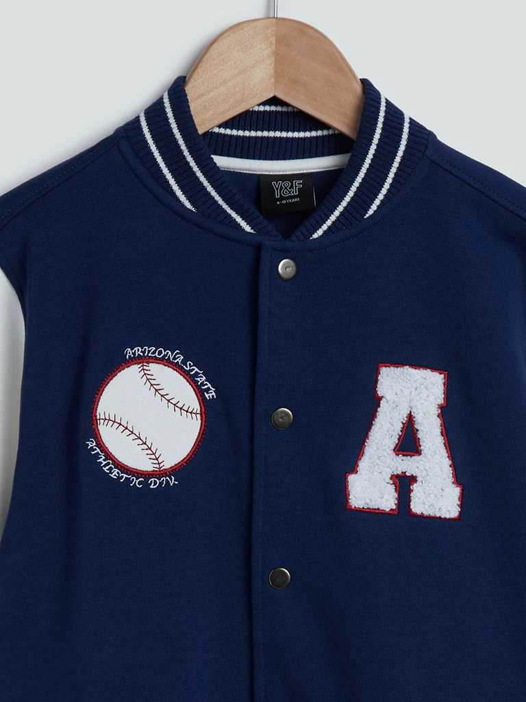 Y&F Kids Navy Printed Cotton-Blend Varsity Jacket - Image 4