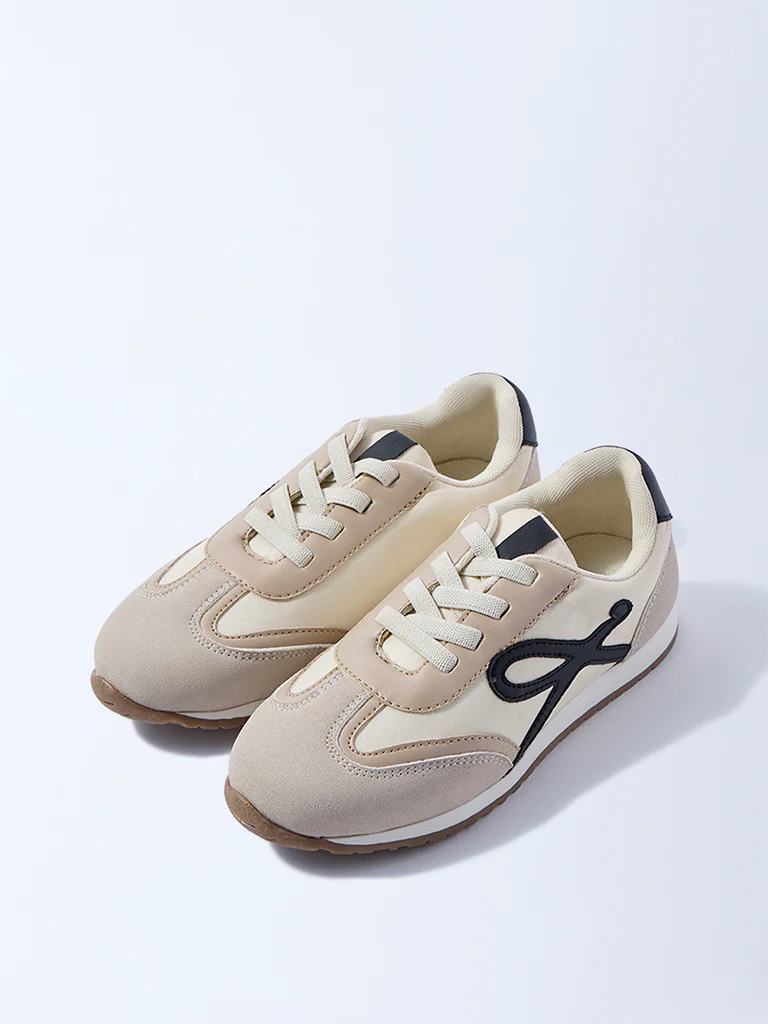 Yellow Beige Colour-Blocked Suede Sneakers - Image 2