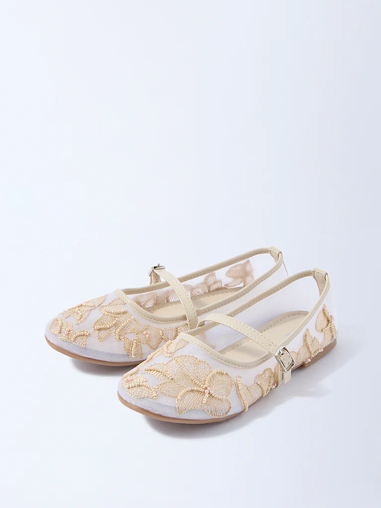 Yellow Beige Floral Embroidered Mary Jane Shoes - Image 2