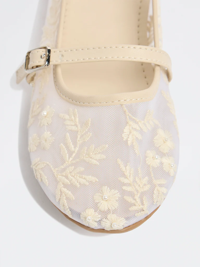 Yellow Ivory Floral Embroidered Mary Jane Shoes - Image 3