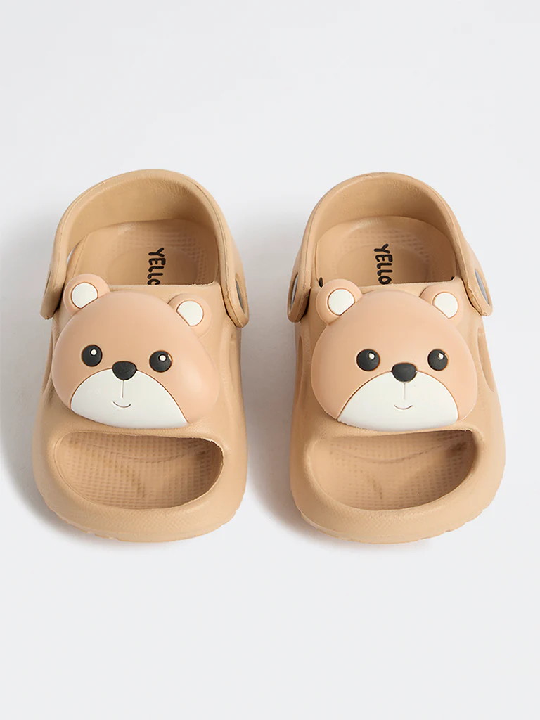 Yellow Kids Beige Bear Themed Clogs - Image 2