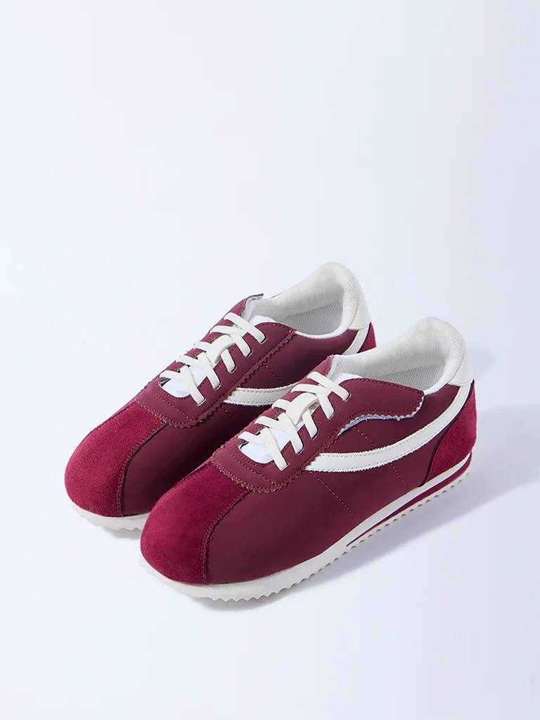 Yellow Maroon Stripe-Detail Lace-Up Sneakers - Image 2