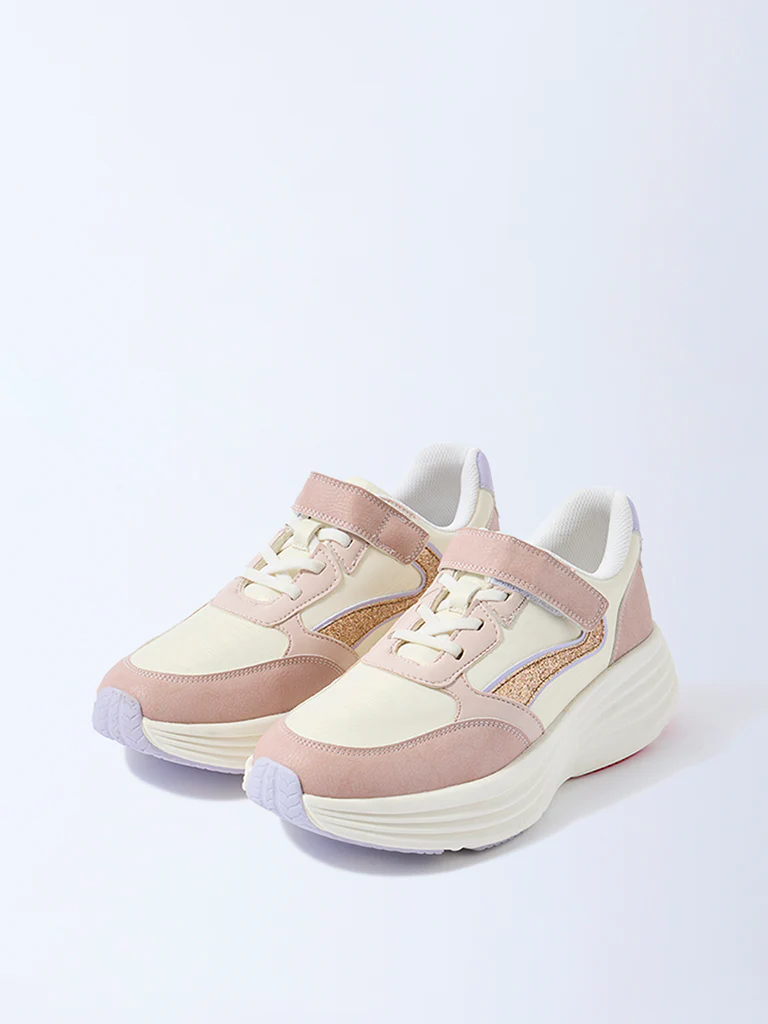 Yellow Pink Sparkle-Detailed Lace-Up Sneakers - Image 2