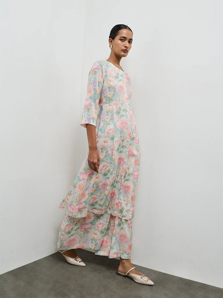 Zuba Aqua Floral Printed Cotton A-Line Kurta - Image 2