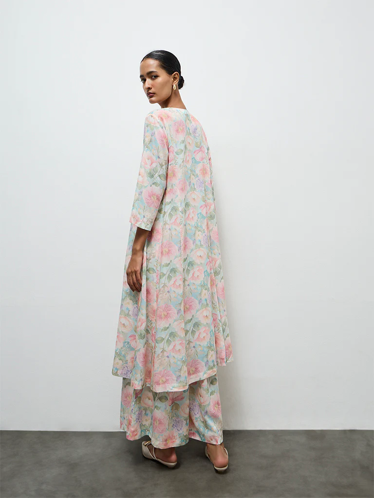 Zuba Aqua Floral Printed Cotton A-Line Kurta - Image 4