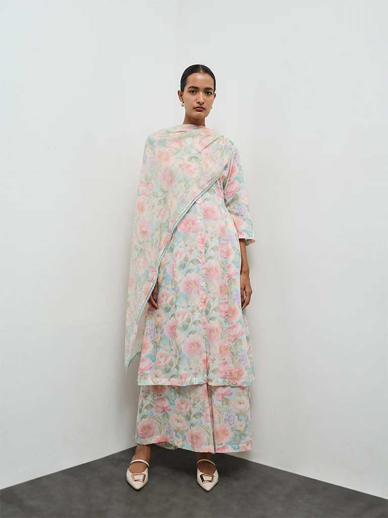 Zuba Aqua Floral Printed Cotton Dupatta - Image 2