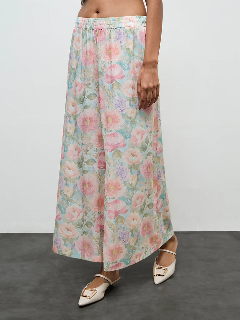 Zuba Aqua Floral Printed Cotton Palazzos