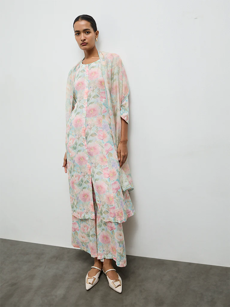 Zuba Aqua Floral Printed Cotton Palazzos - Image 2