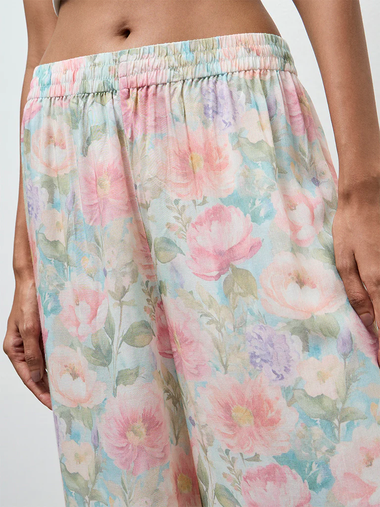 Zuba Aqua Floral Printed Cotton Palazzos - Image 3