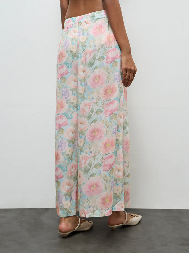Zuba Aqua Floral Printed Cotton Palazzos - Image 4