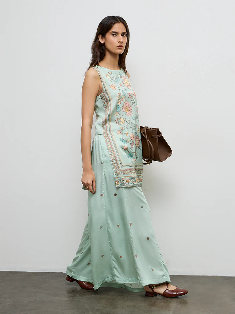 Zuba Aqua Floral Printed Palazzos - Image 2