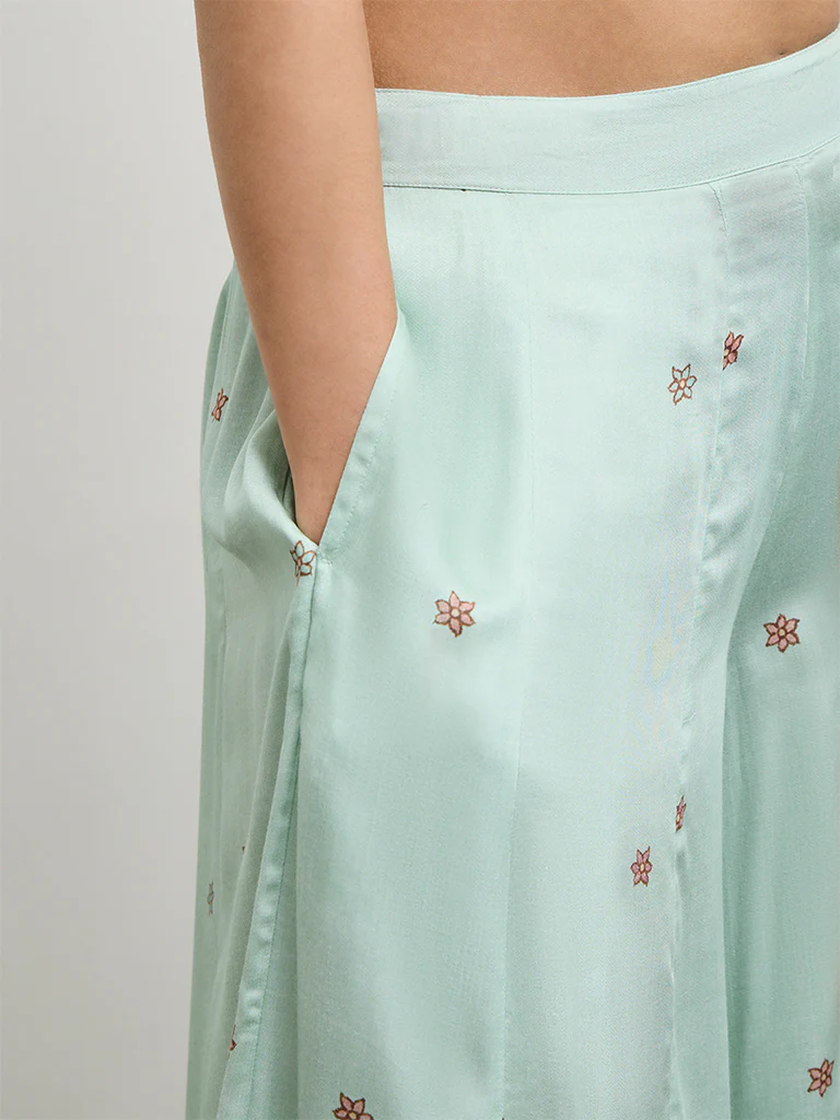 Zuba Aqua Floral Printed Palazzos - Image 3