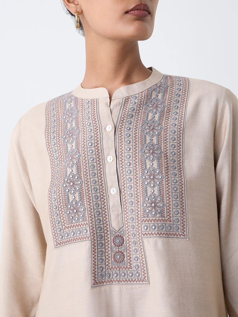 Zuba Beige Embroidered Tunic - Image 3