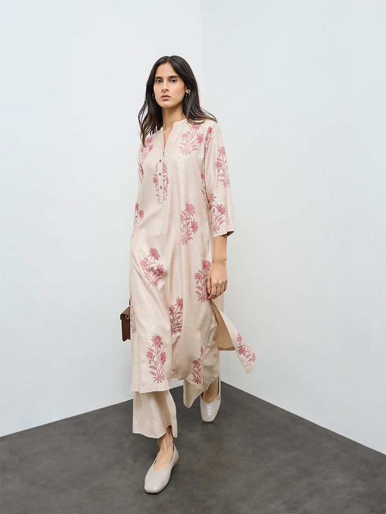 Zuba Beige Floral A-Line Kurta - Image 2