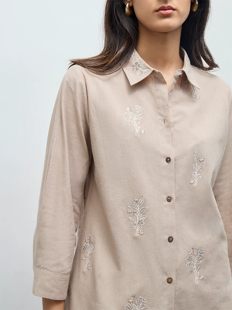Zuba Beige Floral Embroidered Cotton-Blend Tunic - Image 3