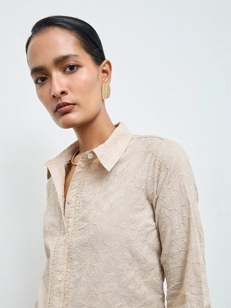 Zuba Beige Floral Embroidered Cotton Tunic - Image 3
