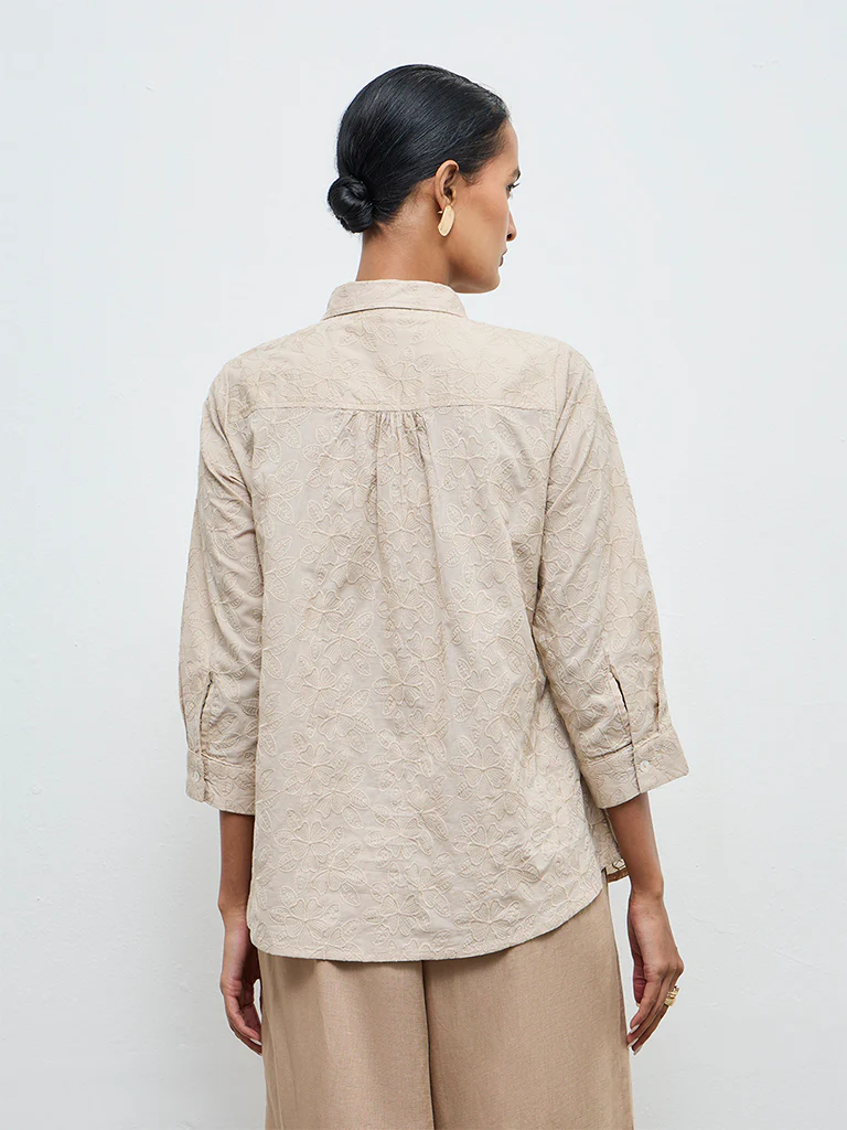 Zuba Beige Floral Embroidered Cotton Tunic - Image 4